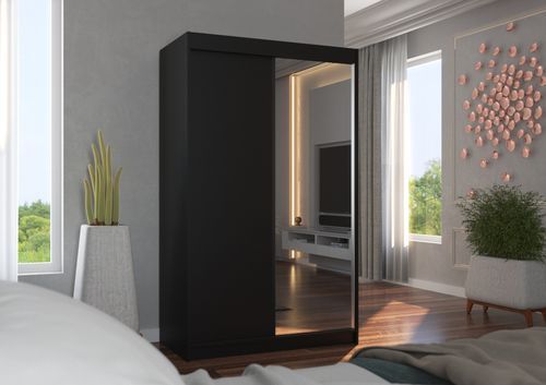 Petite armoire de chambre 2 portes coulissantes 1 bois noir 1 miroir Roxane 120 cm - Photo n°3; ?>
