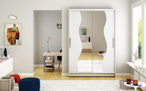Petite armoire de chambre 2 portes coulissantes bois blanc et miroir Vaguz 120 cm - Photo n°3; ?>