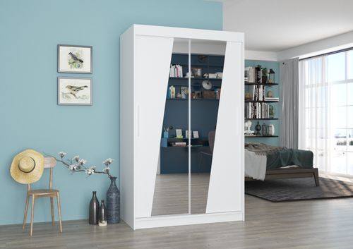 Petite armoire de chambre 2 portes coulissantes bois blanc et miroirs en diagonale Texano 120 cm - Photo n°2; ?>