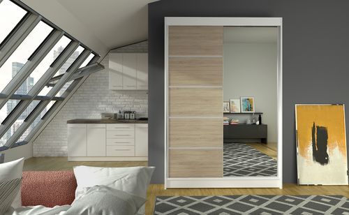 Petite armoire de chambre 2 portes coulissantes bois blanc et naturel avec miroir Noka 120 cm - Photo n°3; ?>