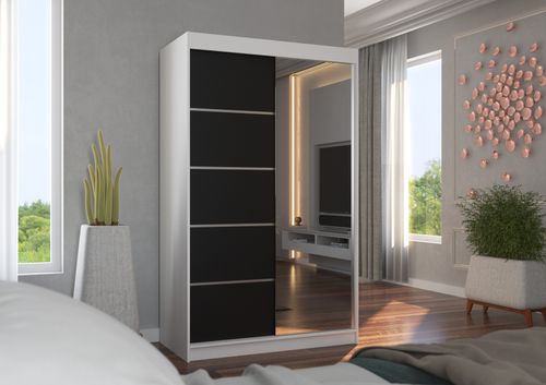 Petite armoire de chambre 2 portes coulissantes bois blanc et noir avec miroir Noka 120 cm - Photo n°2; ?>