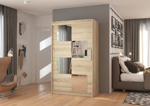 Petite armoire de chambre 2 portes coulissantes bois clair et 4 miroirs Luko 120 cm - Photo n°2; ?>