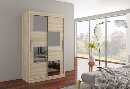 Petite armoire de chambre 2 portes coulissantes bois clair et 4 miroirs Luko 120 cm - Photo n°3; ?>