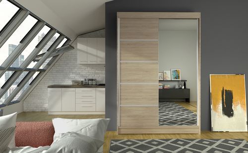 Petite armoire de chambre 2 portes coulissantes bois clair et miroir Noka 120 cm - Photo n°2; ?>