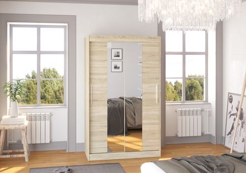 Petite armoire de chambre 2 portes coulissantes bois clair et miroir Tinko 120 cm - Photo n°2; ?>