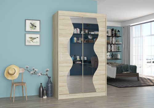 Petite armoire de chambre 2 portes coulissantes bois clair et miroir Vaguz 120 cm - Photo n°2; ?>