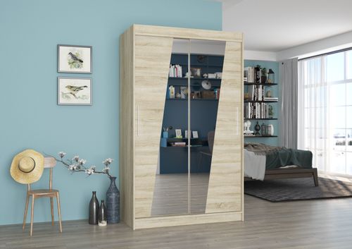 Petite armoire de chambre 2 portes coulissantes bois clair et miroirs en diagonale Texano 120 cm - Photo n°2; ?>