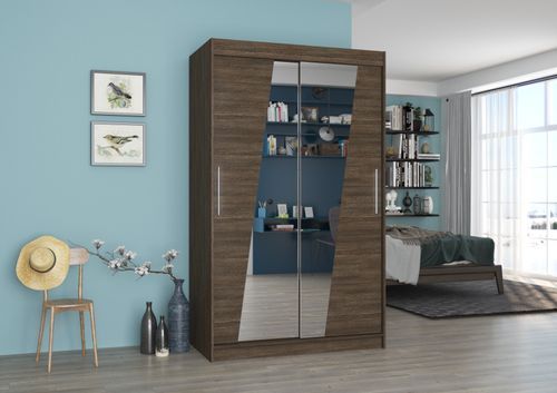 Petite armoire de chambre 2 portes coulissantes bois foncé et miroirs en diagonale Texano 120 cm - Photo n°2; ?>
