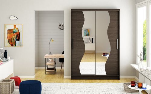 Petite armoire de chambre 2 portes coulissantes bois marron et miroir Vaguz 120 cm - Photo n°3; ?>