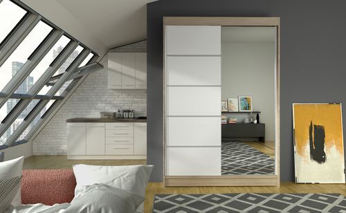 Petite armoire de chambre 2 portes coulissantes bois naturel et blanc avec miroir Noka 120 cm - Photo n°2; ?>