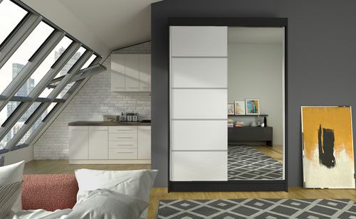 Petite armoire de chambre 2 portes coulissantes bois noir et blanc avec miroir Noka 120 cm - Photo n°3; ?>