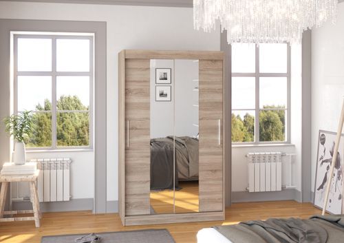 Petite armoire de chambre 2 portes coulissantes bois truffe et miroir Tinko 120 cm - Photo n°3; ?>