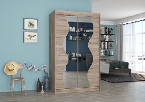 Petite armoire de chambre 2 portes coulissantes bois truffe et miroir Vaguz 120 cm - Photo n°2; ?>