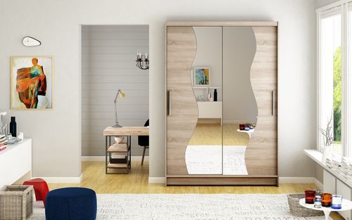 Petite armoire de chambre 2 portes coulissantes bois truffe et miroir Vaguz 120 cm - Photo n°3; ?>