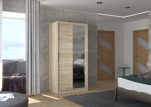 Petite armoire de chambre 2 portes coulissantes naturel avec miroir Bazo 100 cm - Photo n°2; ?>