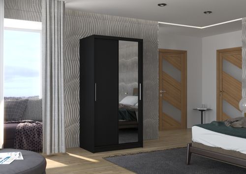 Petite armoire de chambre 2 portes coulissantes noir avec miroir Bazo 100 cm - Photo n°2; ?>