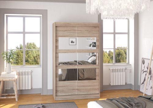 Petite armoire de chambre à coucher 2 portes coulissantes bois truffe avec 6 miroir Kolida 120 cm - Photo n°3; ?>