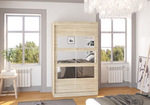 Petite armoire de chambre à coucher 2 portes coulissantes naturel avec 6 miroir Kolida 120 cm - Photo n°3; ?>