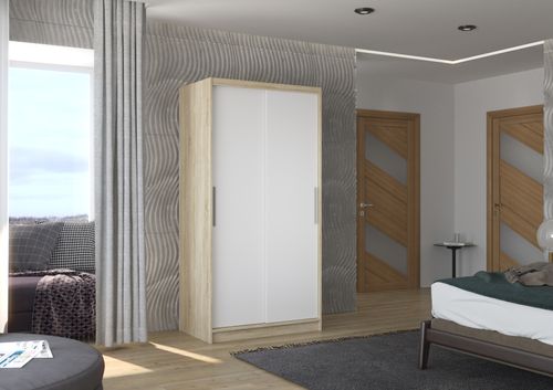 Petite armoire de chambre à coucher bois clair 2 portes coulissantes blanches Kilane 100 cm - Photo n°2; ?>