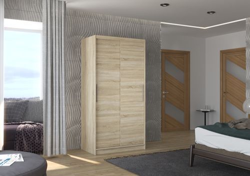 Petite armoire de chambre à coucher bois clair 2 portes coulissantes Kilane 100 cm - Photo n°2; ?>