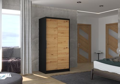 Petite armoire de chambre à coucher noir 2 portes coulissantes bois artisan Kilane 100 cm - Photo n°2; ?>