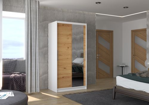Petite armoire de chambre blanche 2 portes coulissantes bois artisan et miroir Bazo 100 cm - Photo n°2; ?>