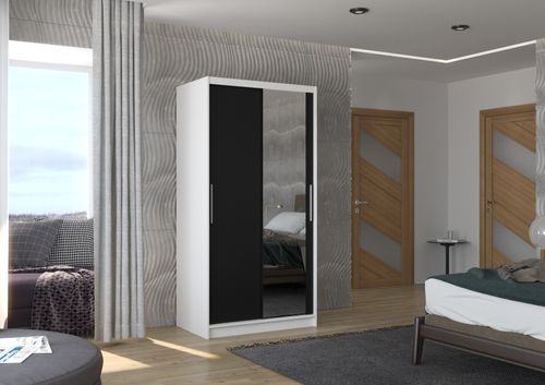 Petite armoire de chambre blanche 2 portes coulissantes bois noir et miroir Bazo 100 cm - Photo n°2; ?>