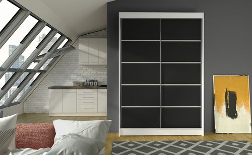 Petite armoire de chambre blanche et noir avec 2 portes coulissantes Benko 120 cm - Photo n°2; ?>
