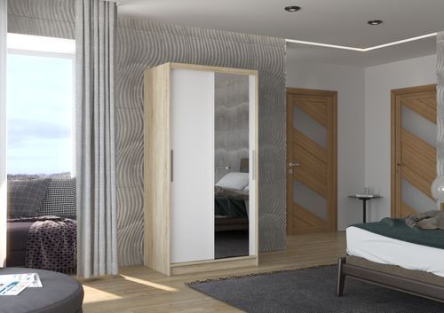 Petite armoire de chambre naturel 2 portes coulissantes bois blanc et miroir Bazo 100 cm - Photo n°2; ?>