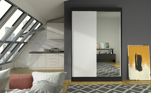 Petite armoire de chambre noir 2 portes coulissantes 1 bois blanc 1 miroir Roxane 120 cm - Photo n°3; ?>