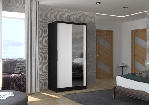 Petite armoire de chambre noir 2 portes coulissantes bois blanc et miroir Bazo 100 cm - Photo n°2; ?>