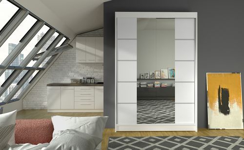 Petite armoire design de chambre à coucher 2 portes coulissantes blanche et miroir Kinzo 120 cm - Photo n°2; ?>