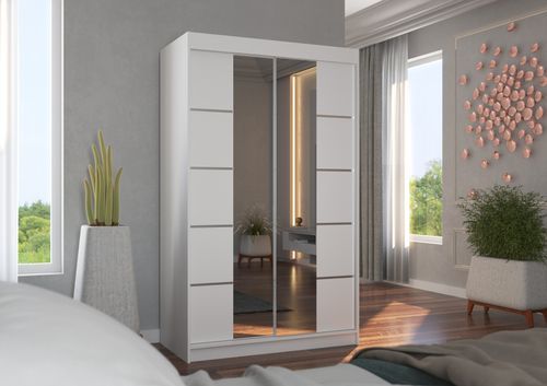 Petite armoire design de chambre à coucher 2 portes coulissantes blanche et miroir Kinzo 120 cm - Photo n°3; ?>