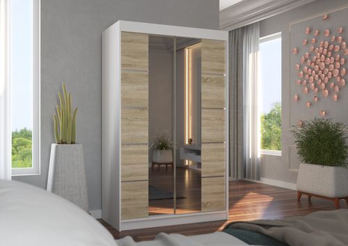 Petite armoire design de chambre à coucher 2 portes coulissantes blanche et naturel avec miroir Kinzo 120 cm - Photo n°3; ?>