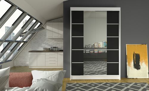 Petite armoire design de chambre à coucher 2 portes coulissantes blanche et noir avec miroir Kinzo 120 cm - Photo n°2; ?>