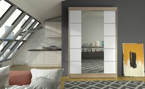 Petite armoire design de chambre à coucher 2 portes coulissantes naturel et blanc avec miroir Kinzo 120 cm - Photo n°2; ?>
