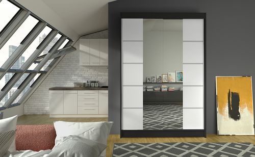 Petite armoire design de chambre à coucher 2 portes coulissantes noir et blanc avec miroir Kinzo 120 cm - Photo n°2; ?>