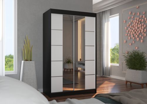 Petite armoire design de chambre à coucher 2 portes coulissantes noir et blanc avec miroir Kinzo 120 cm - Photo n°3; ?>