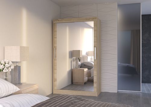 Petite armoire moderne de chambre à coucher bois clair avec 2 portes coulissantes miroir Ibizo 120 cm - Photo n°2; ?>
