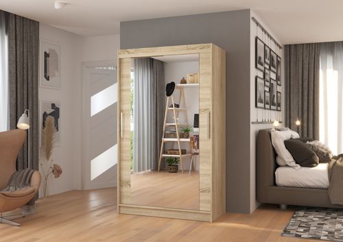 Petite armoire moderne de chambre à coucher bois clair avec 2 portes coulissantes miroir Ibizo 120 cm - Photo n°3; ?>