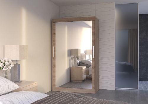Petite armoire moderne de chambre à coucher bois truffe avec 2 portes coulissantes miroir Ibizo 120 cm - Photo n°2; ?>
