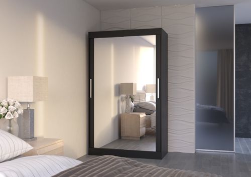 Petite armoire moderne de chambre à coucher noir avec 2 portes coulissantes miroir Ibizo 120 cm - Photo n°2; ?>