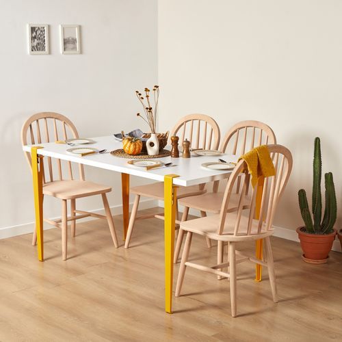 Petite table à manger bois blanc et pieds acier jaune Bazika 150 cm - Photo n°2; ?>
