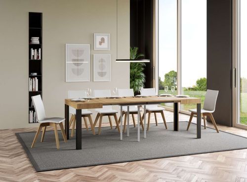 Petite table carrée 90/90 cm extensible 10 personnes 90 à 246 cm bois clair et pieds métal gris foncé Liva - Photo n°3; ?>