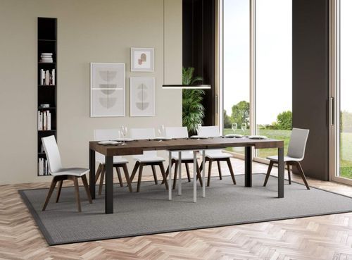 Petite table carrée 90/90 cm extensible 10 personnes 90 à 246 cm bois foncé et pieds métal gris foncé Liva - Photo n°3; ?>