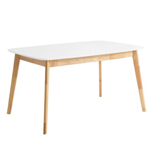 Petite table rectangulaire extensible blanc brillant et pieds naturel Askin 120 à 150 cm - Photo n°2; ?>