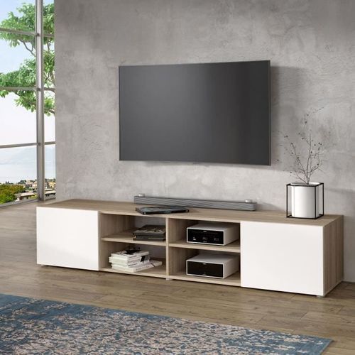 PILVI Meuble TV - Blanc et chene sonoma - L 185 x P 42 x H 31 cm - Photo n°3; ?>