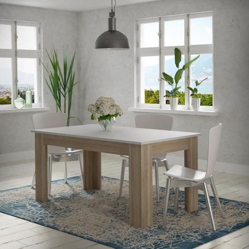 PILVI Table a manger de 6 a 8 personnes style contemporain - Blanc mat et décor chene sonoma - L 160 x l 90 cm - Photo n°3; ?>