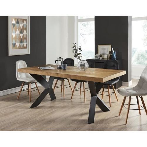 Table a manger de 6 a 8 personnes style industriel placage bois chene + pieds métal laqué noir - L 180 x l 90 cm - Photo n°2; ?>