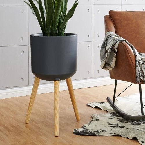 Pot de fibre de ciment avec MDF pieds en bois - 34 x 34 x 70 cm - Gris - Photo n°2; ?>